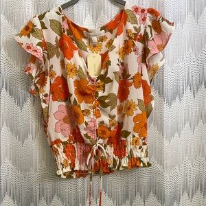 Orange and Pink Blouse with Flutter Sleeves and Tie Front